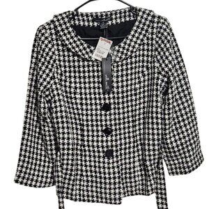 Willi Smith Houndstooth Button Up Peplum Jacket Belt Size 12 Black White